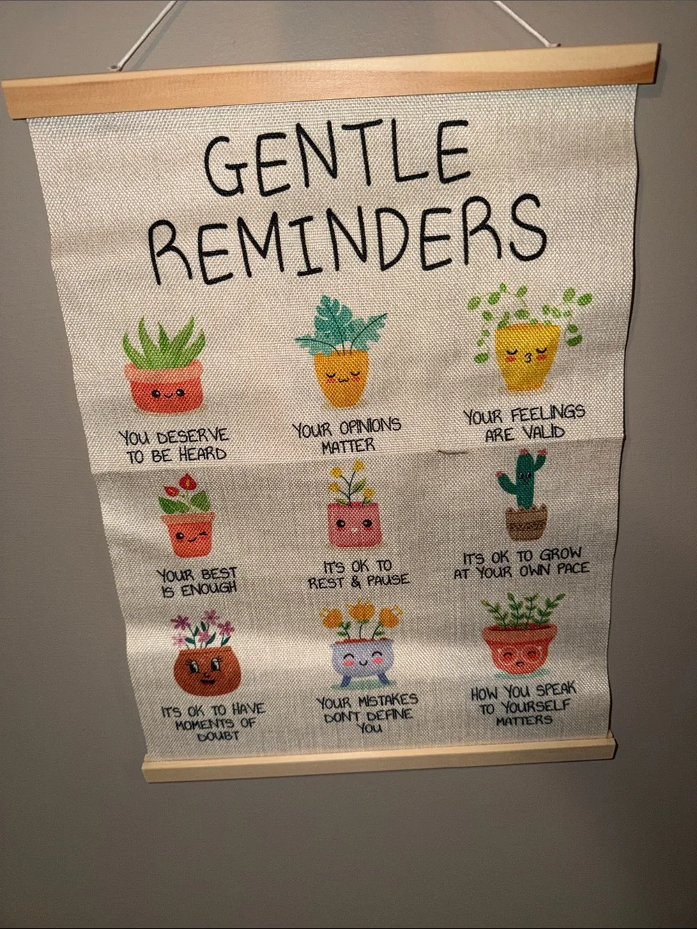 Gentle Reminders Wall Hanging - Neutral Canvas with Colorful Plant Pots